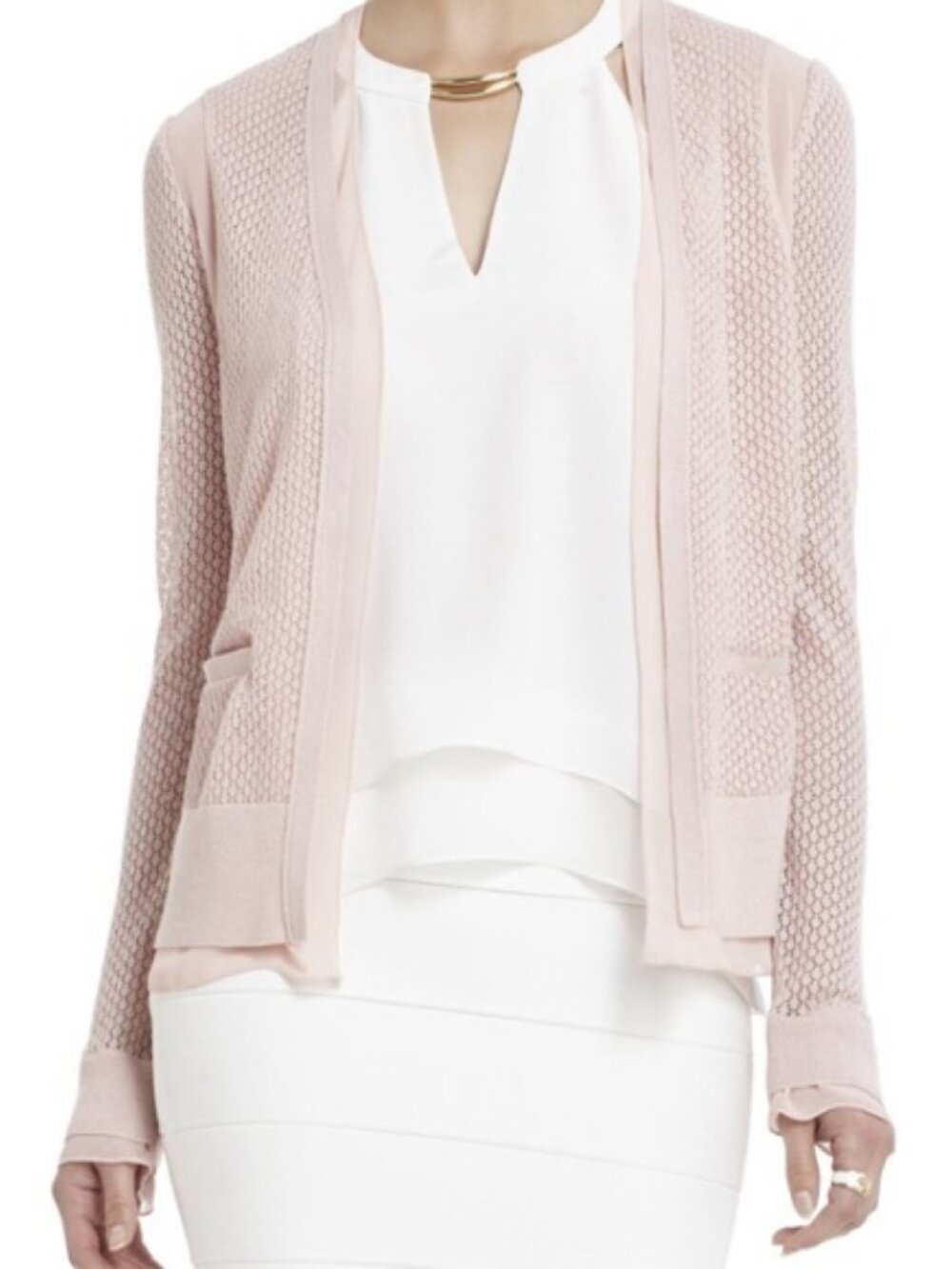 BCBG MaxAzria Eugene Silk Blend Mesh Knit Cardigan - Size XS - Dusty Pink